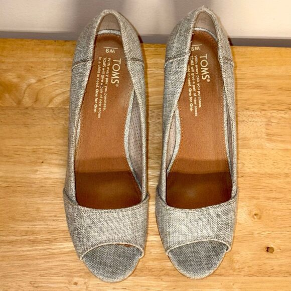 TOMS Cork Wedge Peep Toe Sandals, Boho Woven Silver Tweed Platform Heels Size 9 - Picture 6 of 10